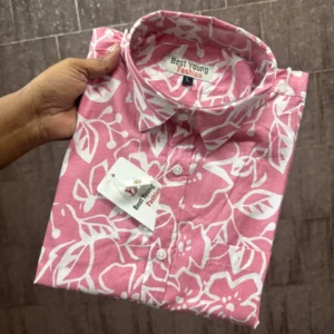 CORE Cotton FERN half sleeve print shirt — pink with white leaf outline print