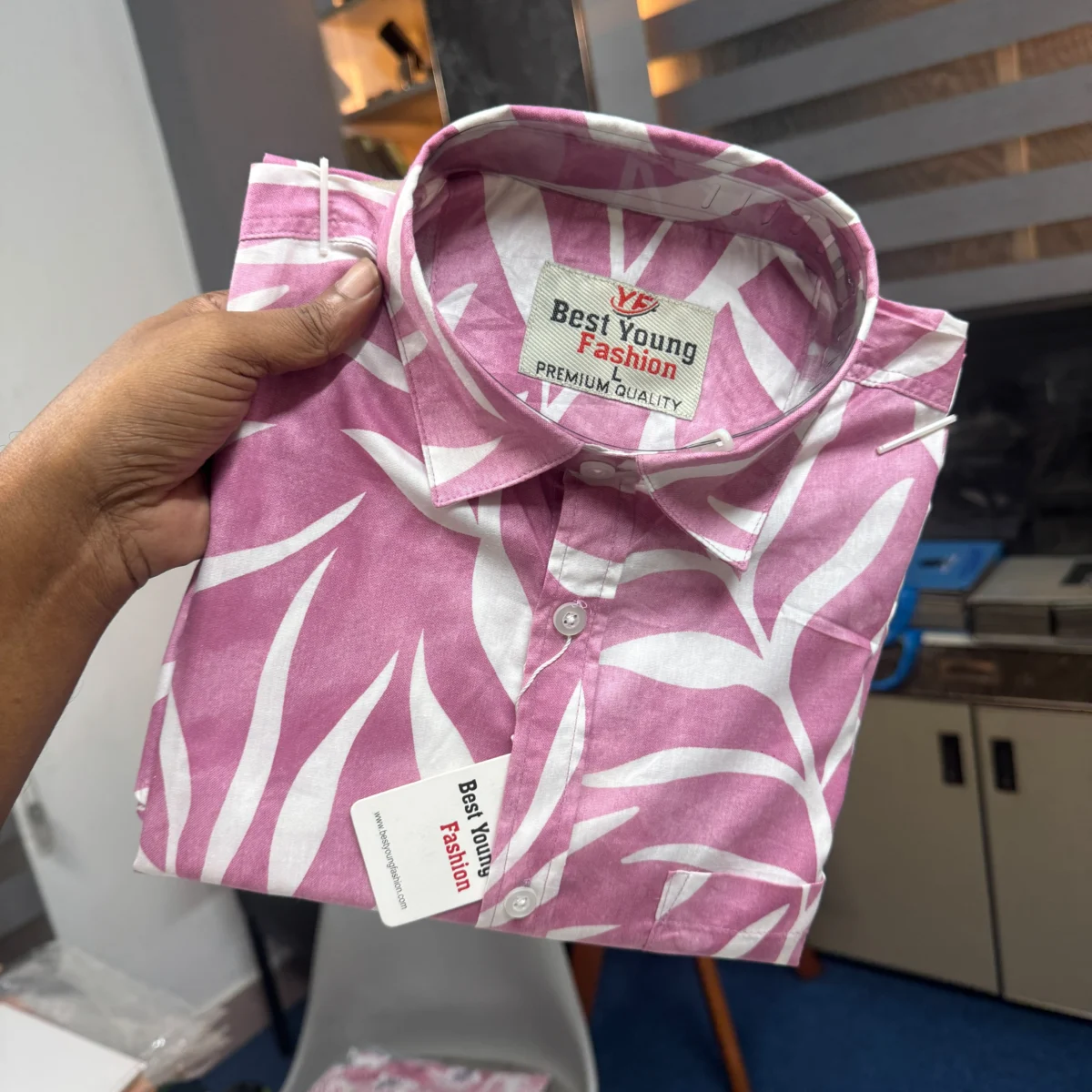 CORE Cotton TROPIC half sleeve print shirt — lilac pink large leaf print