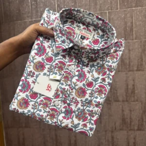 CORE Cotton VERA half sleeve print shirt — pink and grey-blue floral print on white